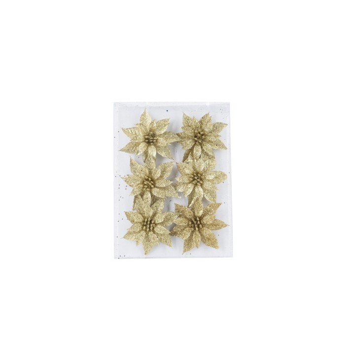 Six shimmering gold flowers with intricate petals on a clear background.