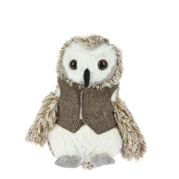 Chouette en peluche au pelage doux, vêtue d'un gilet en tweed marron et beige.