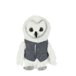 Schattige, witte uil met grote ogen en een grijs vest van stof met een visgraatpatroon.