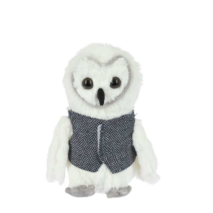A fluffy white owl plush wearing a textured blue vest, with large expressive eyes.