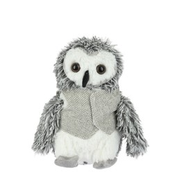 A fluffy, gray and white owl plush with a herringbone vest and big, round eyes.