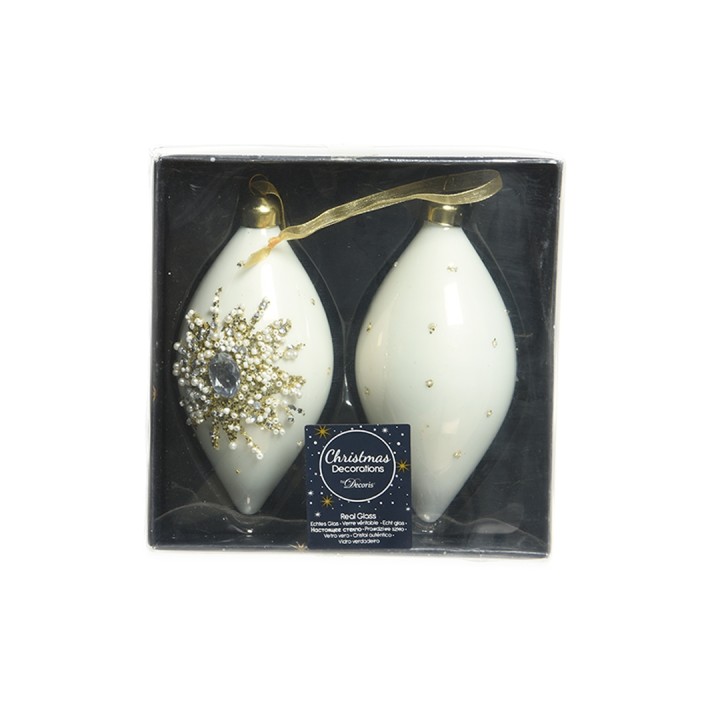 Two elegant white Christmas ornaments, one adorned with jewels, in a clear box.