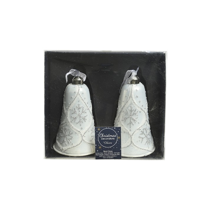 Two white ceramic bells with silver accents, elegantly boxed for holiday decor.