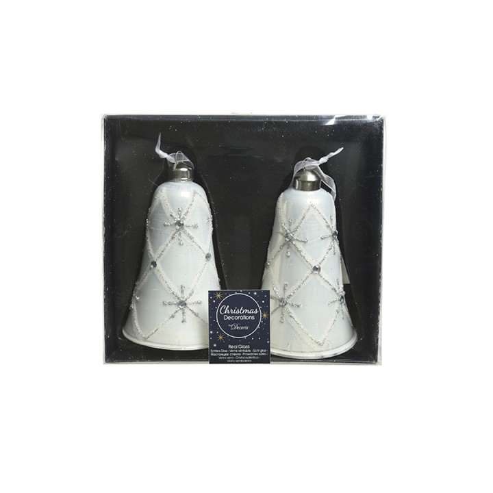 Twee witte kerstklokken met glinsterende steentjes, elegant verpakt in een zwarte doos.