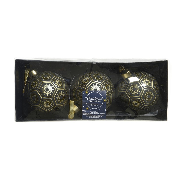 Trois boules de Noël noires ornées de motifs dorés, présentées dans un emballage élégant.
