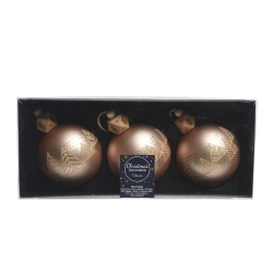 Three bronze Christmas ornaments with intricate gold patterns, presented in a black box.