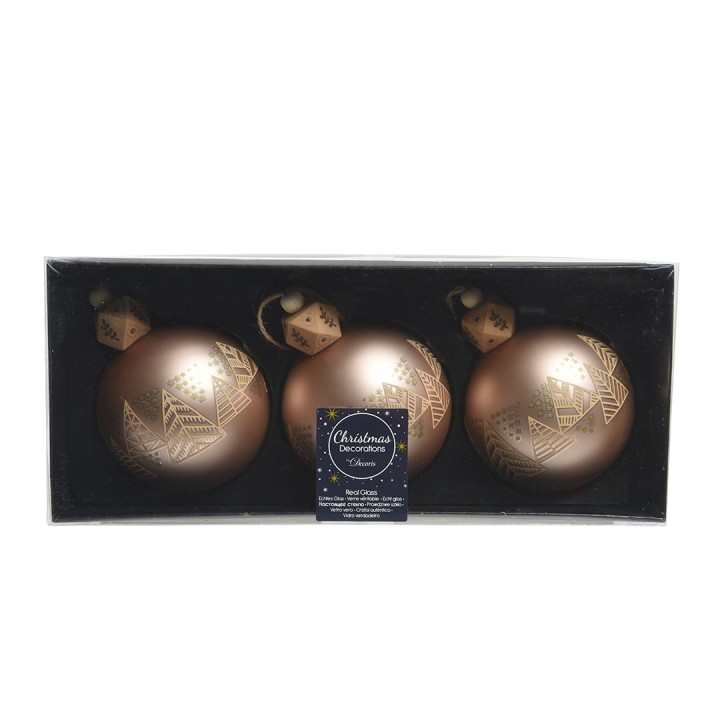 Three bronze Christmas ornaments with intricate gold patterns, presented in a black box.