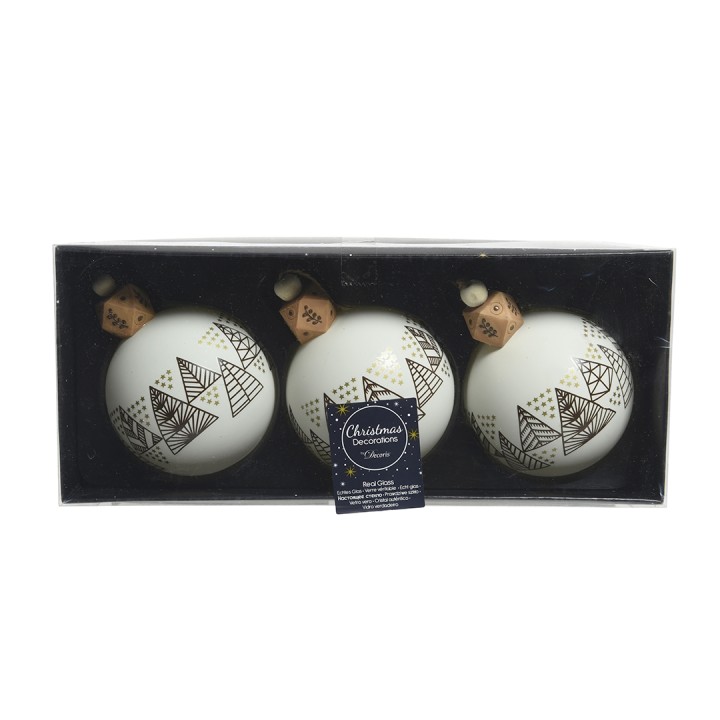 Drie witte kerstballen met zwarte geometrische patronen, verpakt in een zwarte doos.