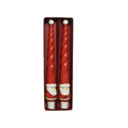 Deux cônes rouges, spirales, ornés de petits bonhommes de Noël, dans une boîte festive.