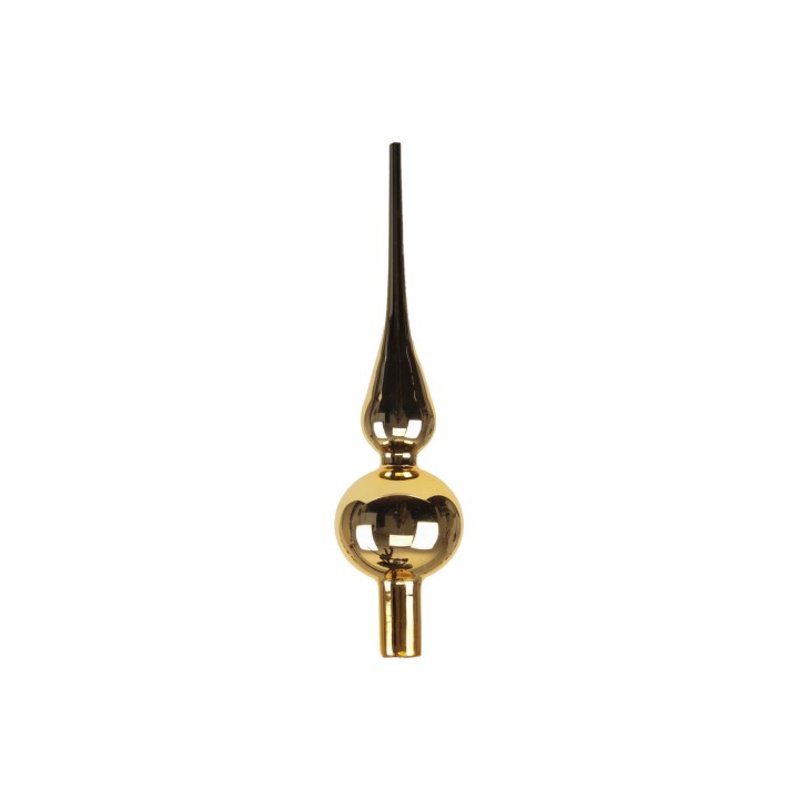 Gouden ornament met een bolle onderkant en een lange, spitse top, elegant en glanzend.