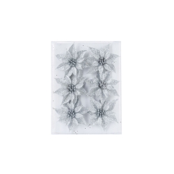 Six glittering silver floral decorations arranged neatly on a clear background.