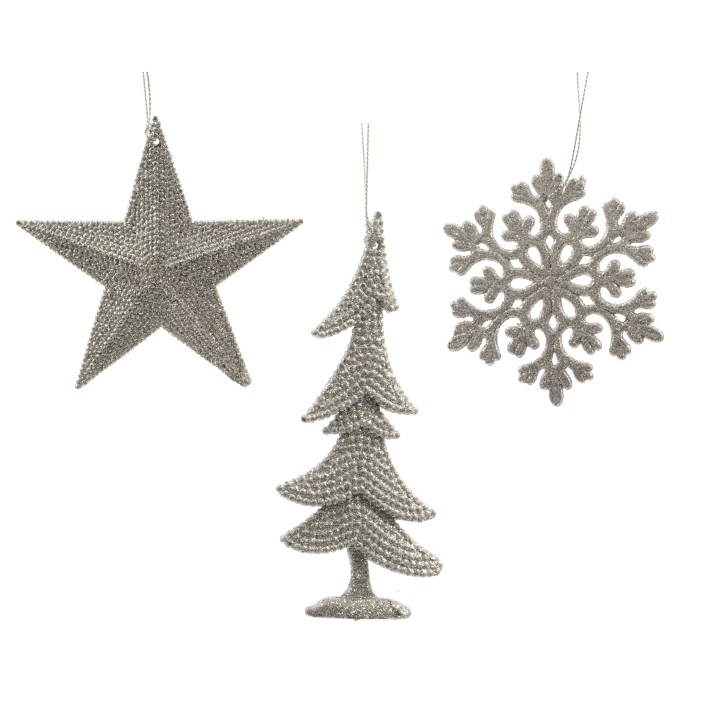 Three silver holiday ornaments: a star, a tree, and a snowflake, all textured and sparkling.