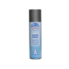 A silver spray can with a light blue label and a gray cap, featuring a Christmas tree design. A silver spray can with a light blue label and a gray cap, featuring a Christmas tree design.