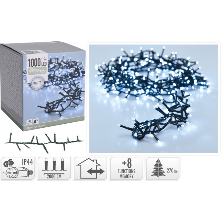 A tangled strand of white LED lights on a dark wire, packaged in a box.