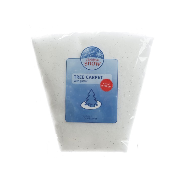 A white, glittery snow carpet for decorating Christmas trees, packaged in a clear bag.