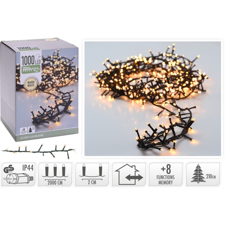 A box of warm white LED string lights with a flexible black wire, ideal for festive decor.
