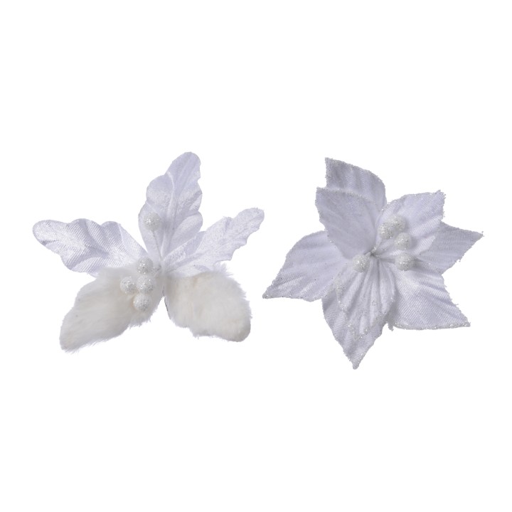 Two delicate white fabric flowers with soft, fluffy centers and textured petals.