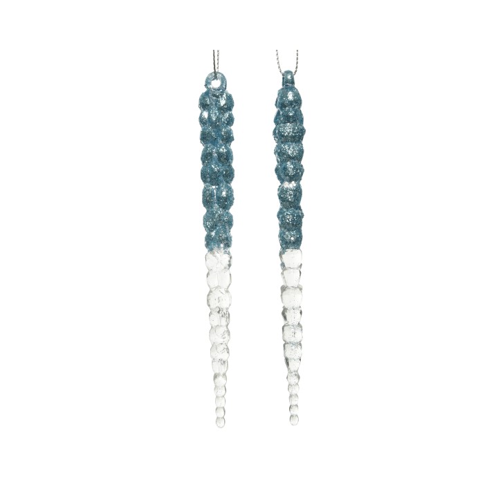 Long, shimmering earrings with gradient blue to clear beads, reflecting light elegantly.