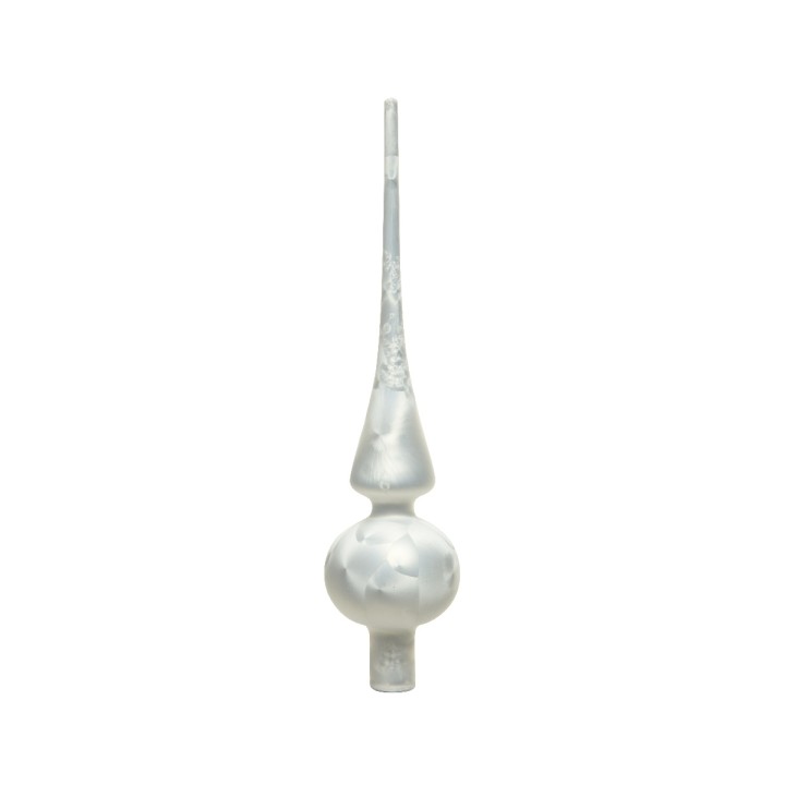 A tall, slender glass ornament with a frosted finish, featuring a bulbous base and pointed tip.