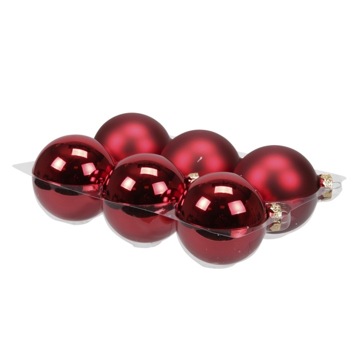 Six shiny red Christmas ornaments in a clear plastic holder.