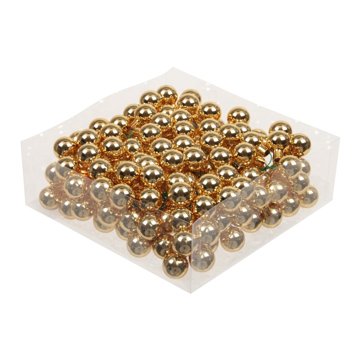 A clear box filled with shiny gold balls, reflecting light with a glittery finish.