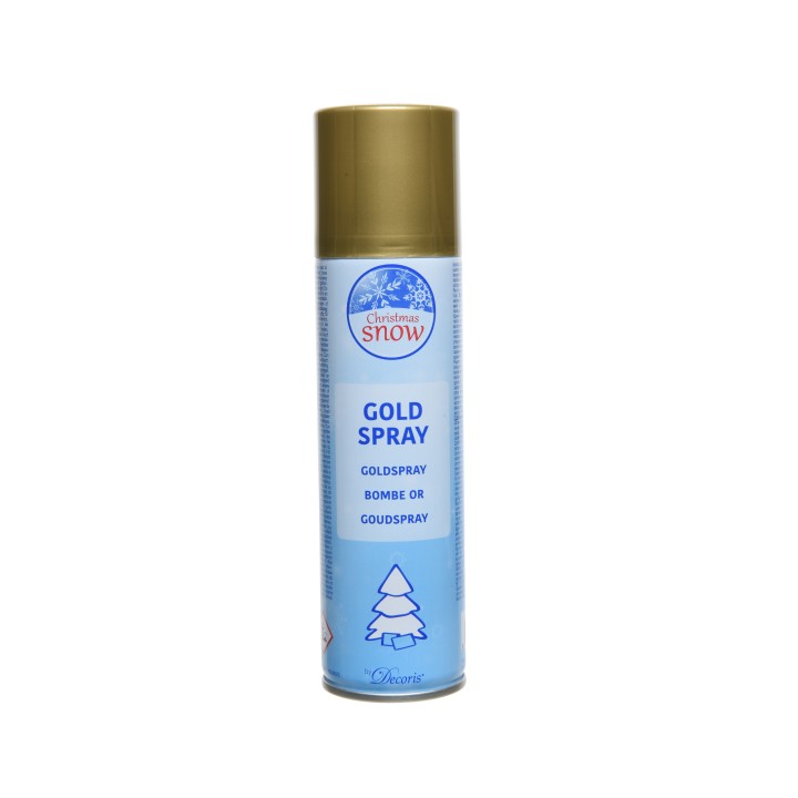 A cylindrical can of gold spray paint with a light blue label and a gold cap.