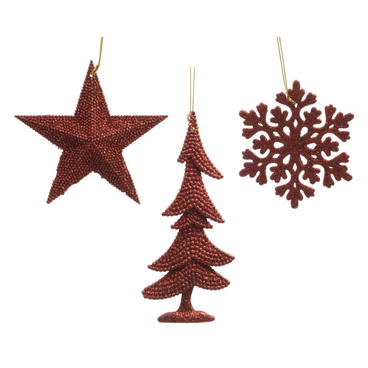 Three festive decorations: a red star, a tree, and a snowflake, all textured and shiny.