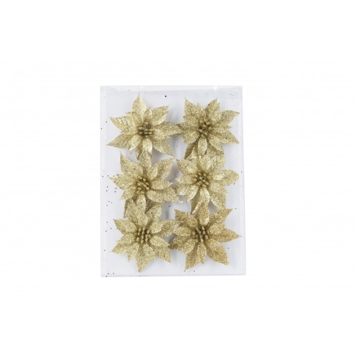 Fleurs en papier doré scintillant, disposées en six, sur fond transparent.