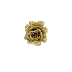 A shimmering gold rose with textured petals, radiating elegance and sparkle.