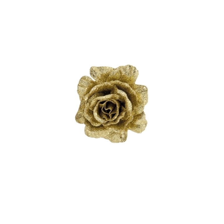 Gouden glitterroos met gedetailleerde bloemblaadjes en een elegante uitstraling.