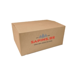 A brown cardboard box with a red logo, labeled for Christmas tree delivery.
