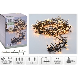A box containing warm white fairy lights tangled on a black wire.