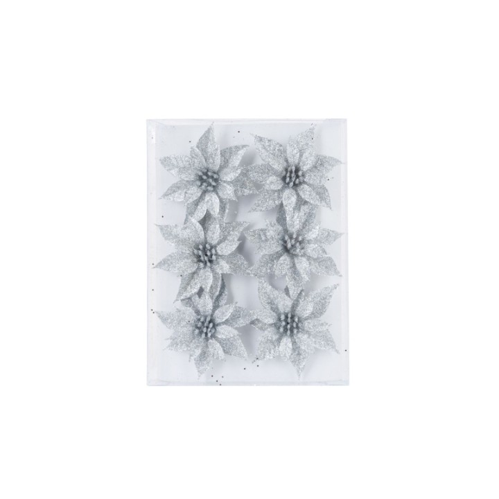 Six silver glittered flower decorations arranged on a clear backing.