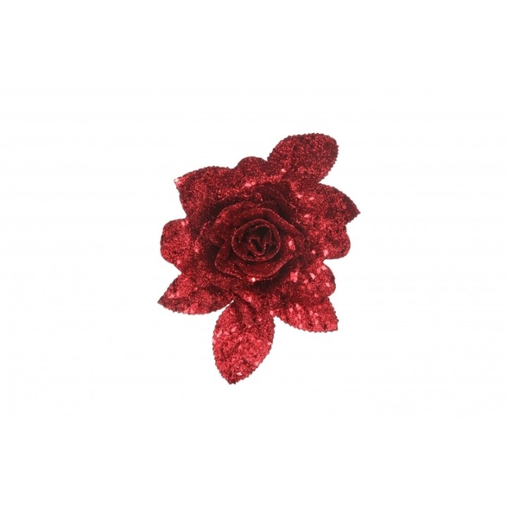 A shimmering red glitter flower with layered petals, radiating elegance and sparkle.