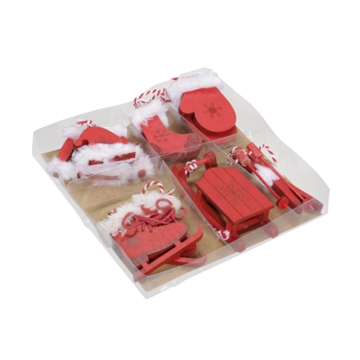 A festive assortment of red wooden holiday decorations with white fluff and candy cane accents.