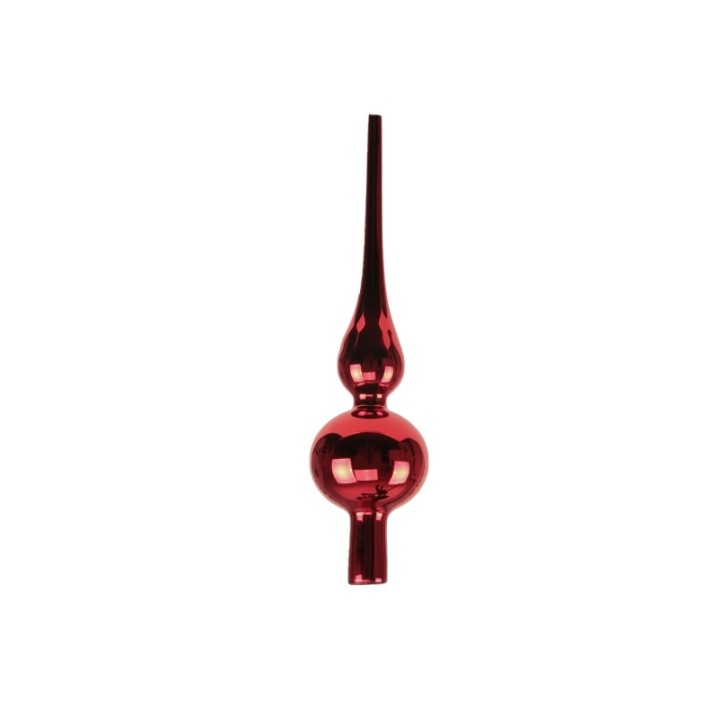 A shiny red glass ornament with a rounded base and a long pointed top.