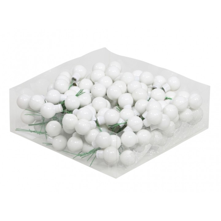 Boules blanches brillantes, attachées à des tiges vertes, regroupées dans un emballage transpa...
