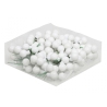 A clear bag filled with numerous small white balls attached to green wires.