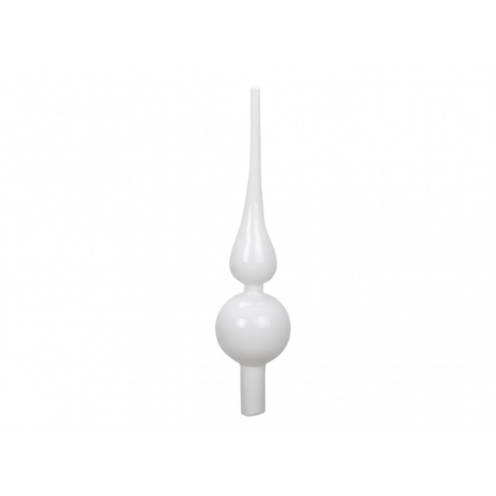 A sleek, white decorative finial with a bulbous base and a slender, pointed top.