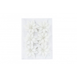 A textured white background featuring six delicate, white floral arrangements.