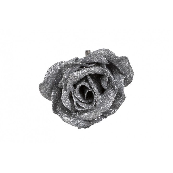 Rose argentée scintillante, pétales en relief, effet brillant et élégant.
