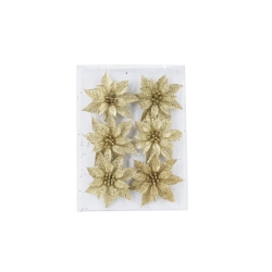 Six golden glittery flowers arranged on a transparent backing, sparkling with festive charm.