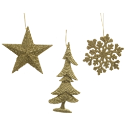 Three golden ornaments: a star, a tree, and a snowflake, all with textured surfaces.