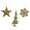 Three golden ornaments: a star, a tree, and a snowflake, all with textured surfaces.