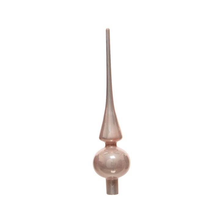 Pointe en verre rose, élancée, avec un globe en bas, délicate et élégante.