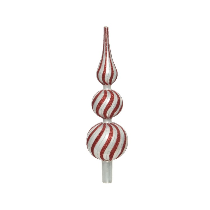 Decoratieve kerstboomtopper met drie bolvormige delen, rood-wit gestreept en glanzend.