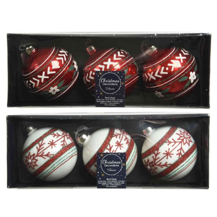 A festive set of red and white Christmas ornaments, beautifully decorated with patterns.