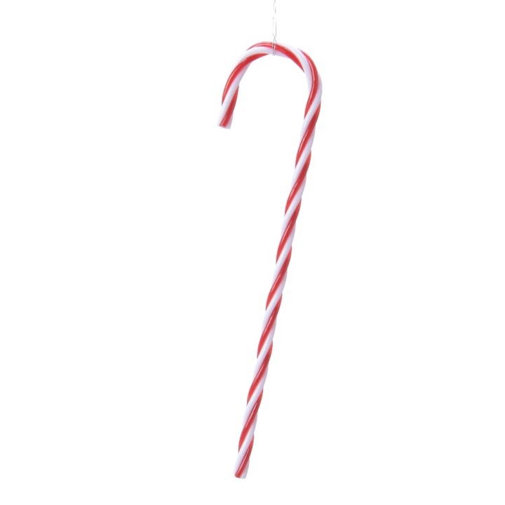 A classic red and white striped candy cane, curved at the top, symbolizing festive cheer.