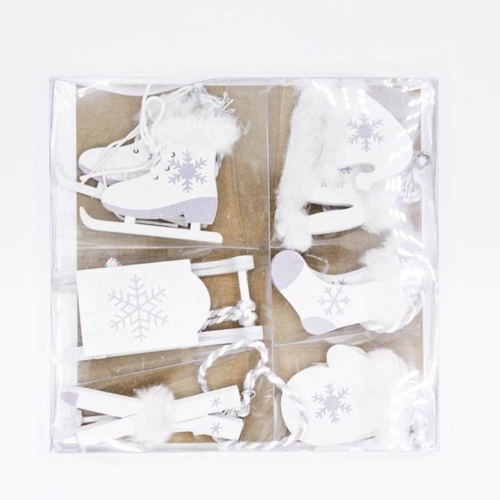 A clear package contains decorative winter-themed items: skates, sleds, and mittens in white and ...