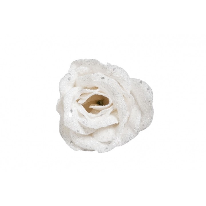 A delicate white rose with a shimmering, textured surface.